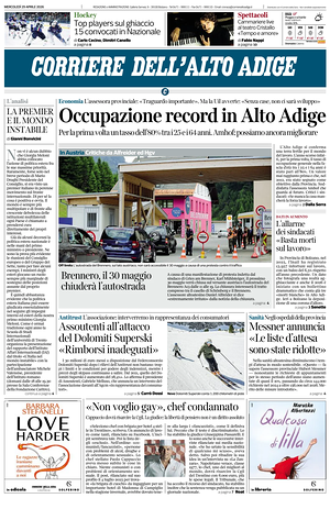 Prima pagina Corriere dell'Alto Adige di oggi - Quotidiano regionale