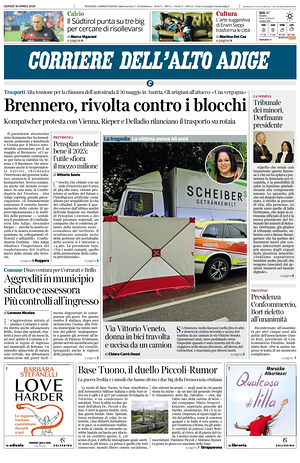 Prima pagina Corriere dell'Alto Adige di oggi - Quotidiano regionale