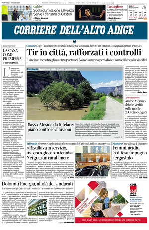 Prima pagina Corriere dell'Alto Adige di oggi - Quotidiano regionale