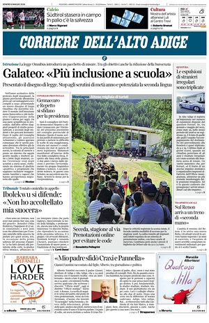 Prima pagina Corriere dell'Alto Adige di oggi - Quotidiano regionale
