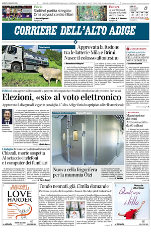 Prima pagina Corriere dell'Alto Adige di oggi - Quotidiano regionale