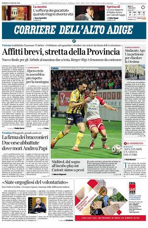 Prima pagina Corriere dell'Alto Adige di oggi - Quotidiano regionale