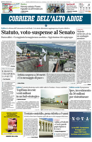 Prima pagina Corriere dell'Alto Adige di oggi - Quotidiano regionale