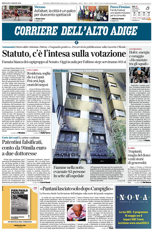 Prima pagina Corriere dell'Alto Adige di oggi - Quotidiano regionale
