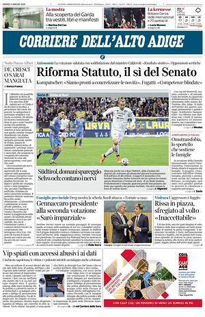 Prima pagina Corriere dell'Alto Adige di oggi - Quotidiano regionale