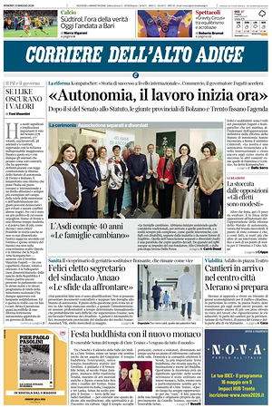 Prima pagina Corriere dell'Alto Adige di oggi - Quotidiano regionale