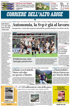 Prima pagina Corriere dell'Alto Adige di oggi - Quotidiano regionale