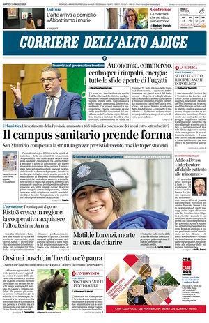 Prima pagina Corriere dell'Alto Adige di oggi - Quotidiano regionale