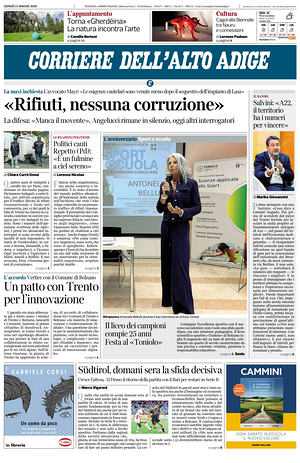 Prima pagina Corriere dell'Alto Adige di oggi - Quotidiano regionale