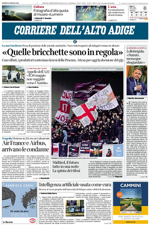 Prima pagina Corriere dell'Alto Adige di oggi - Quotidiano regionale