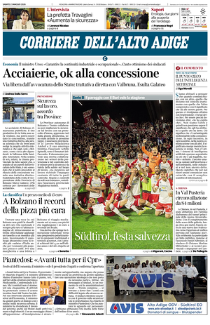 Prima pagina Corriere dell'Alto Adige di oggi - Quotidiano regionale