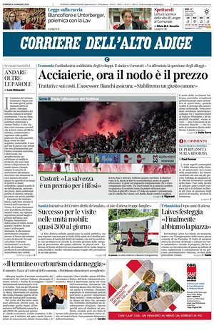 Prima pagina Corriere dell'Alto Adige di oggi - Quotidiano regionale