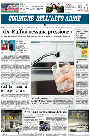 Prima pagina Corriere dell'Alto Adige di oggi - Quotidiano regionale