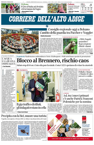 Prima pagina Corriere dell'Alto Adige di oggi - Quotidiano regionale