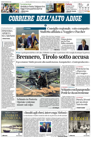 Prima pagina Corriere dell'Alto Adige di oggi - Quotidiano regionale