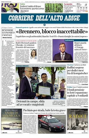 Prima pagina Corriere dell'Alto Adige di oggi - Quotidiano regionale