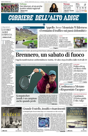 Prima pagina Corriere dell'Alto Adige di oggi - Quotidiano regionale