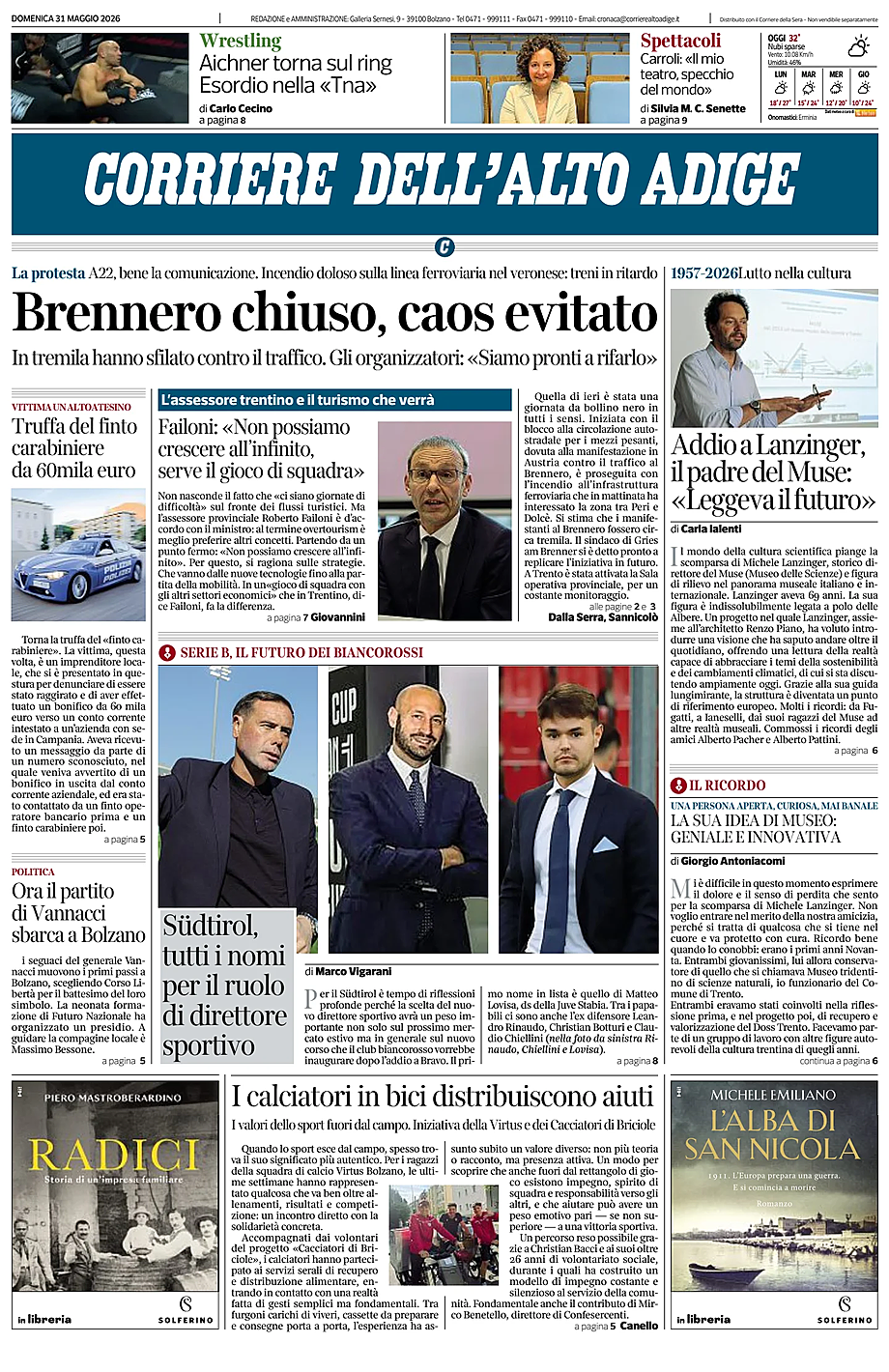 Prima pagina Corriere dell'Alto Adige di oggi - Edicola 31 Maggio 2026