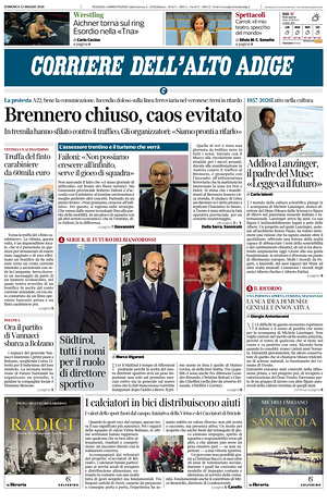 Prima pagina Corriere dell'Alto Adige di oggi - Quotidiano regionale