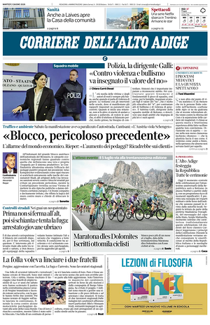 Prima pagina Corriere dell'Alto Adige di oggi - Quotidiano regionale