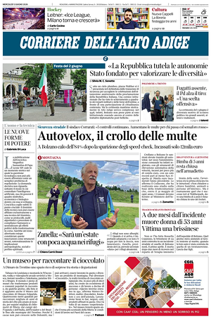 Prima pagina Corriere dell'Alto Adige di oggi - Quotidiano regionale