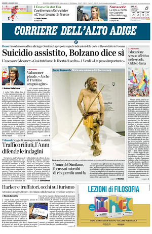 Prima pagina Corriere dell'Alto Adige di oggi - Quotidiano regionale