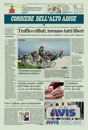 Prima pagina Corriere dell'Alto Adige di oggi - Quotidiano regionale