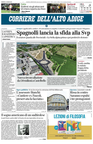 Prima pagina Corriere dell'Alto Adige di oggi - Quotidiano regionale
