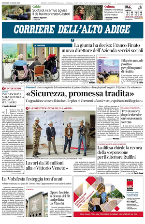 Prima pagina Corriere dell'Alto Adige di oggi - Quotidiano regionale