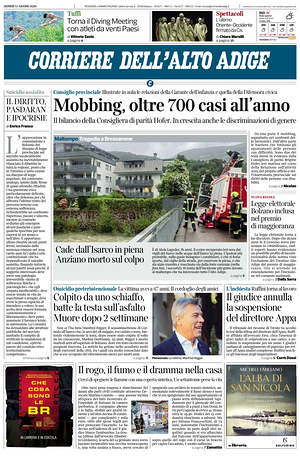 Prima pagina Corriere dell'Alto Adige di oggi - Quotidiano regionale
