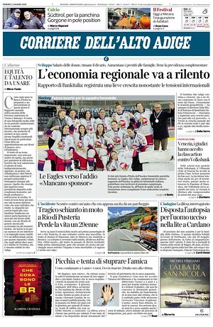 Prima pagina Corriere dell'Alto Adige di oggi - Quotidiano regionale