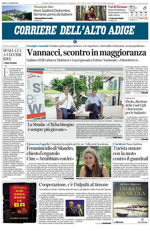 Prima pagina Corriere dell'Alto Adige di oggi - Quotidiano regionale