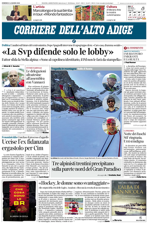 Prima pagina Corriere dell'Alto Adige di oggi - Quotidiano regionale