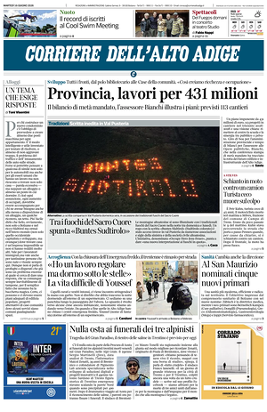 Prima pagina Corriere dell'Alto Adige di oggi - Quotidiano regionale
