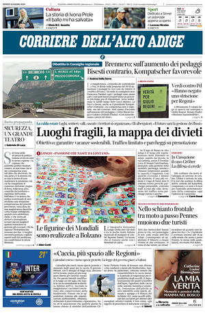 Prima pagina Corriere dell'Alto Adige di oggi - Quotidiano regionale