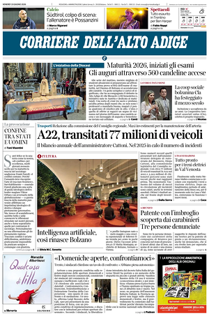 Prima pagina Corriere dell'Alto Adige di oggi - Quotidiano regionale