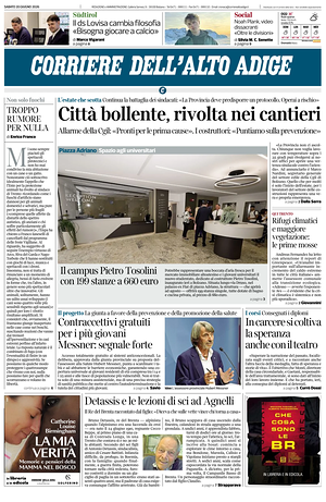 Prima pagina Corriere dell'Alto Adige di oggi - Quotidiano regionale