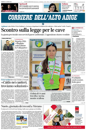 Prima pagina Corriere dell'Alto Adige di oggi - Quotidiano regionale