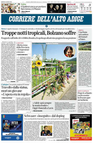 Prima pagina Corriere dell'Alto Adige di oggi - Quotidiano regionale