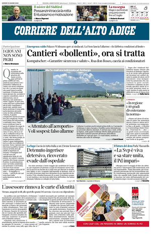 Prima pagina Corriere dell'Alto Adige di oggi - Quotidiano regionale