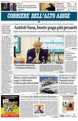 Prima pagina Corriere dell'Alto Adige di oggi - Quotidiano regionale