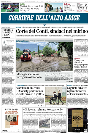 Prima pagina Corriere dell'Alto Adige di oggi - Quotidiano regionale