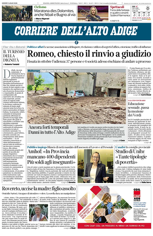 Prima pagina Corriere dell'Alto Adige di oggi - Quotidiano regionale