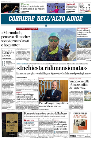 Prima pagina Corriere dell'Alto Adige di oggi - Quotidiano regionale
