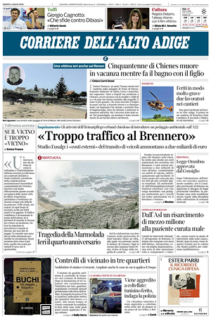 Prima pagina Corriere dell'Alto Adige di oggi - Quotidiano regionale