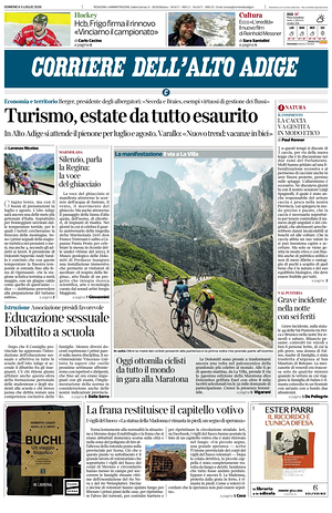 Prima pagina Corriere dell'Alto Adige di oggi - Quotidiano regionale