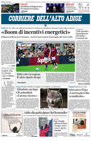 Prima pagina Corriere dell'Alto Adige di oggi - Quotidiano regionale