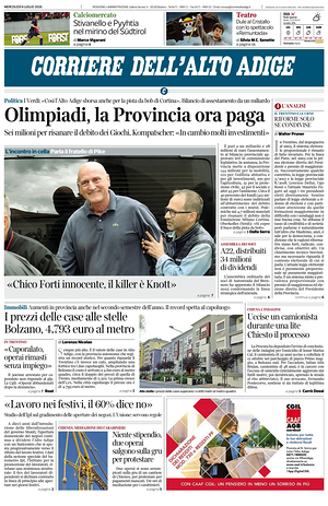 Prima pagina Corriere dell'Alto Adige di oggi - Quotidiano regionale