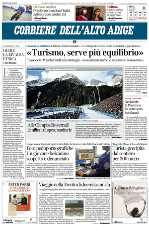 Prima pagina Corriere dell'Alto Adige di oggi - Quotidiano regionale