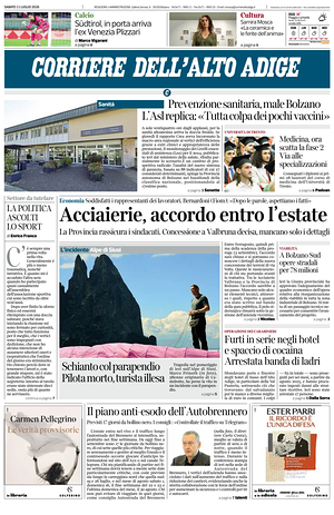 Prima pagina Corriere dell'Alto Adige di oggi - Quotidiano regionale